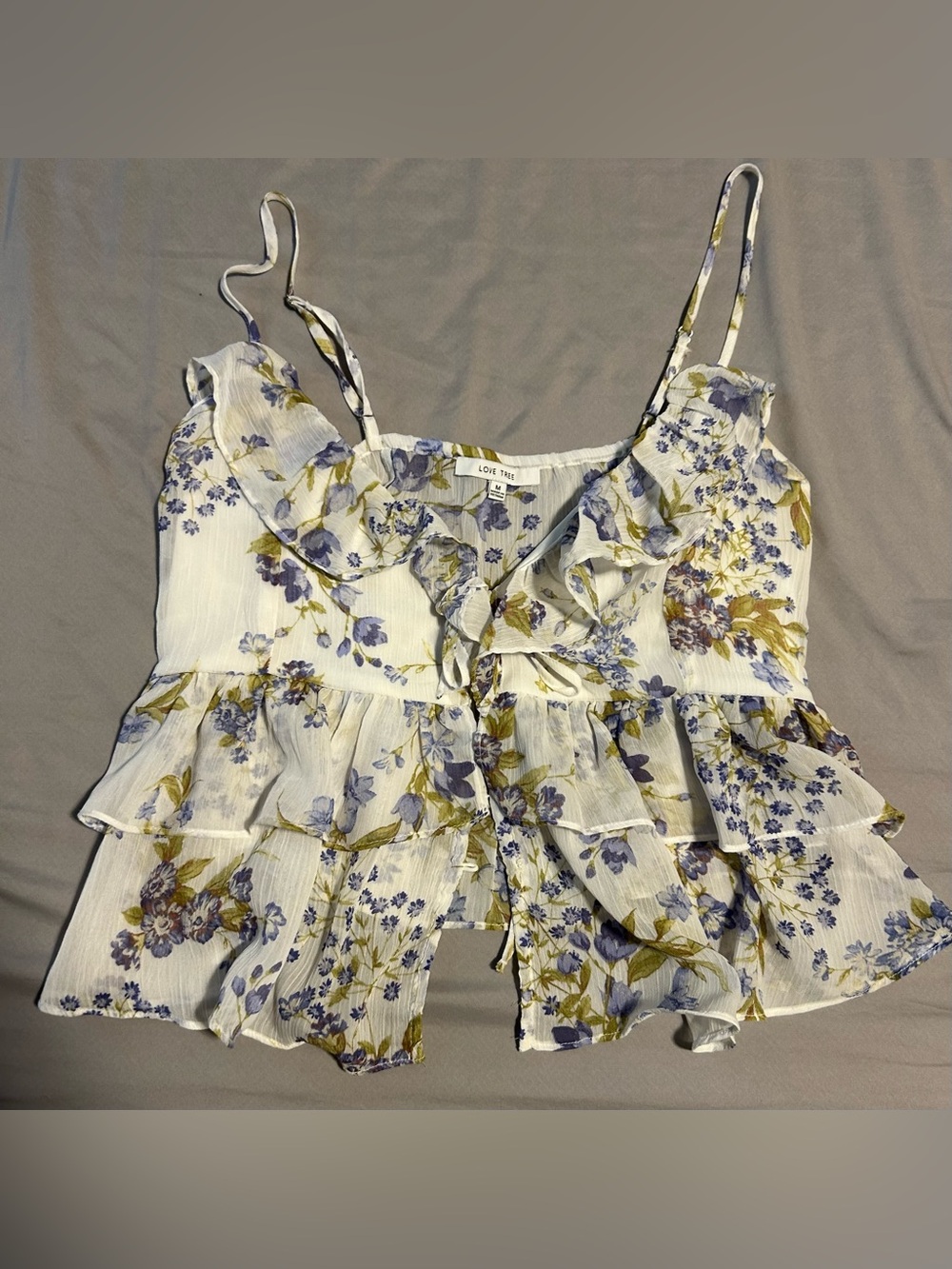Love Tree White Floral Ruffle Cami with Lavender & Olive-size m